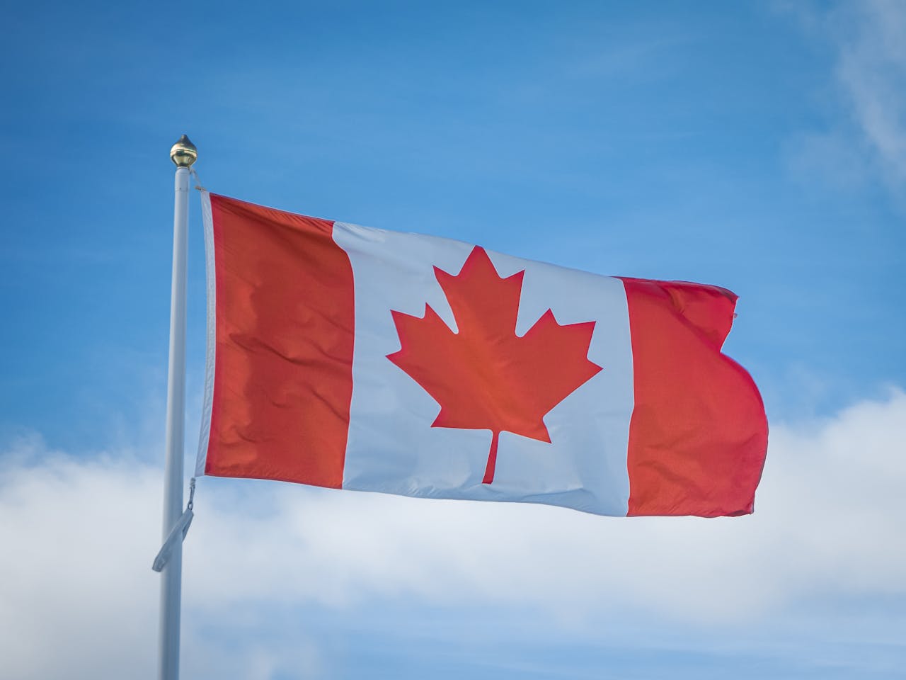 hero-img-02 A vibrant Canadian flag waving in the breeze against a bright blue sky, symbolizing national pride.