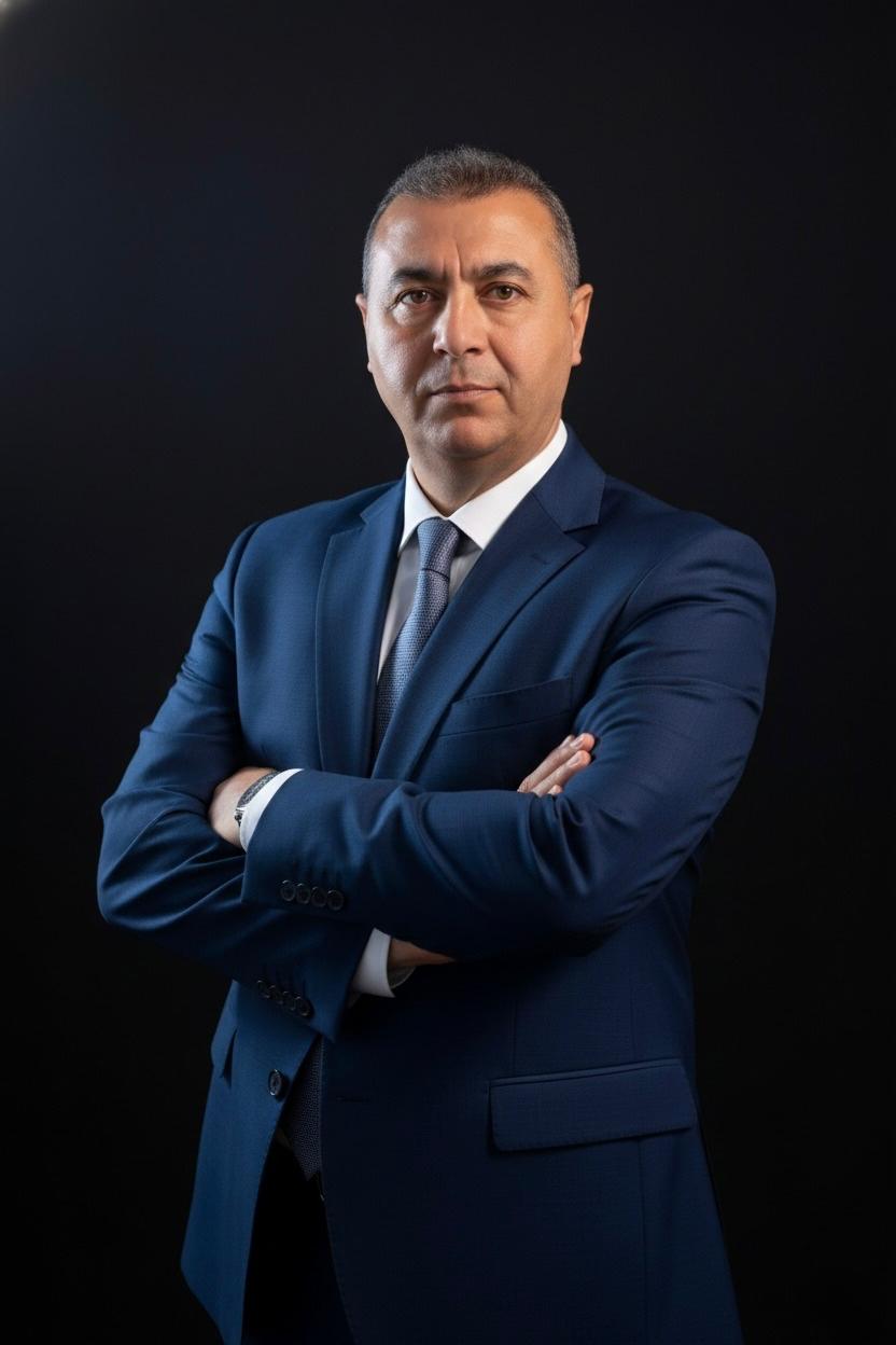Portrait of Mohammed Kammouss, Regulated Canadian Immigration Consultant, in a navy suit with arms crossed