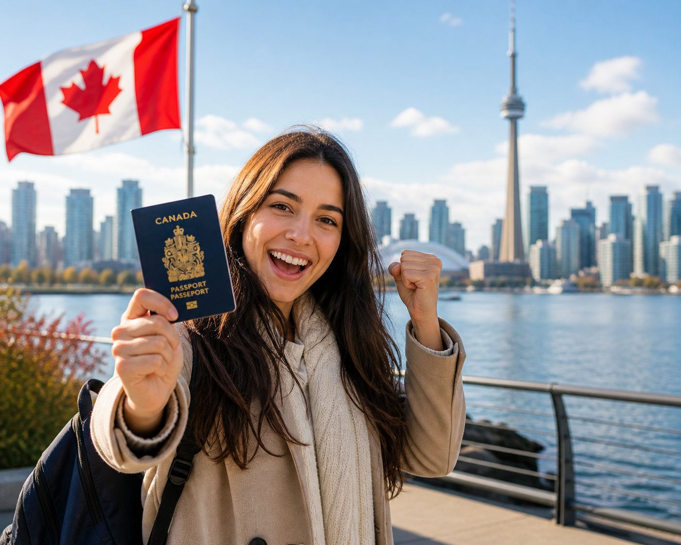 Smiling traveller holding a Canadian passport in front of the Toronto skyline and Canadian flag