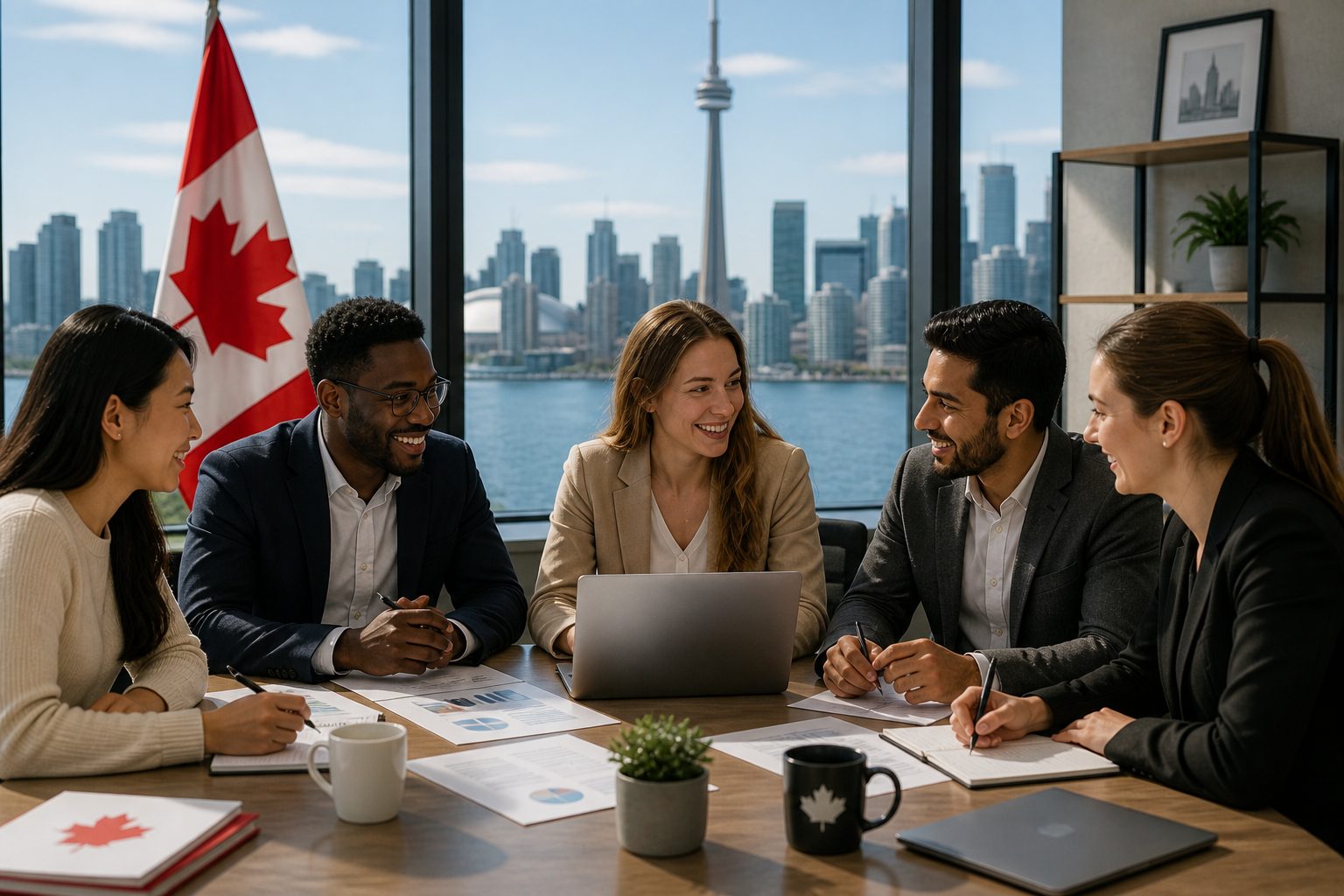 Group of professionals meeting around a table in an office overlooking the Toronto skyline