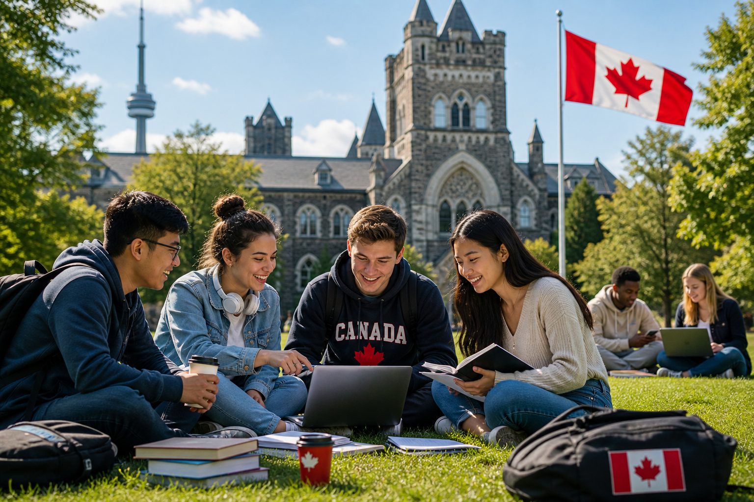 International students studying together on a campus lawn with the Canadian flag behind them