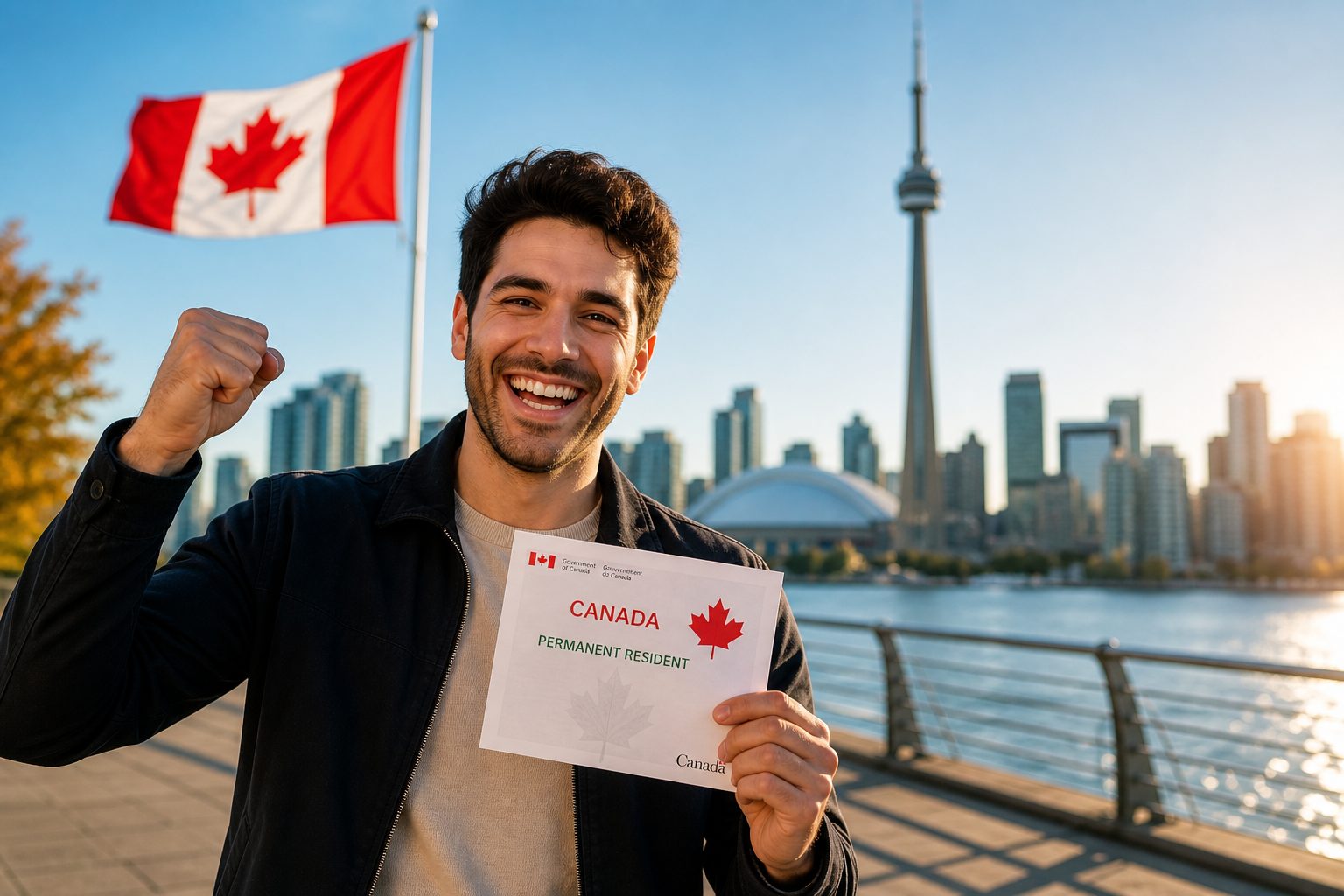 Smiling man holding a document beside the Canadian flag with the Toronto skyline behind him